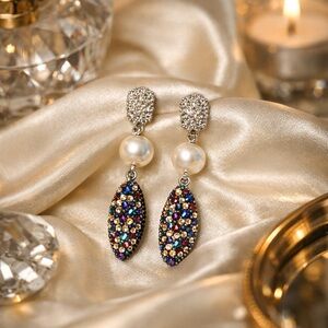 Multicolor Crystal Pavé & Pearl Statement Earrings 🩷🤍💙❤️